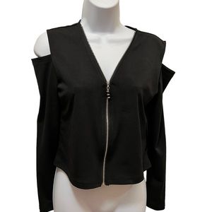 Black Open Shoulder Long Sleeve Zippered Front Top Size M